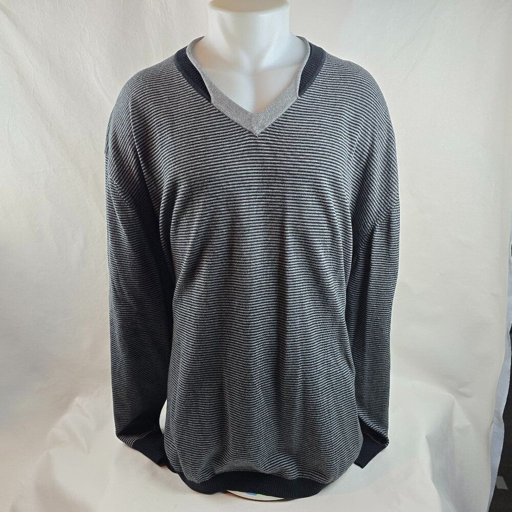 Tulliano Sweater Mens 3XT Grey Black Striped V Neck Long Sleeve Casual Tall